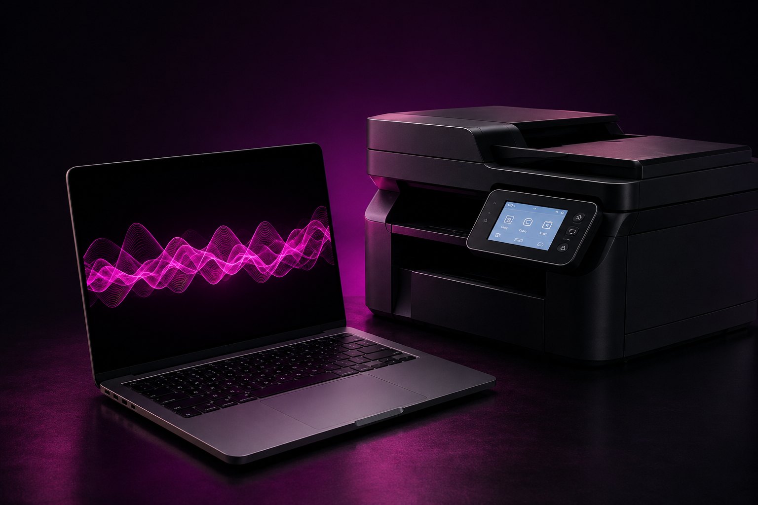 Notebook e impresora multifunción gestionados por Grupo Grandes Cuentas